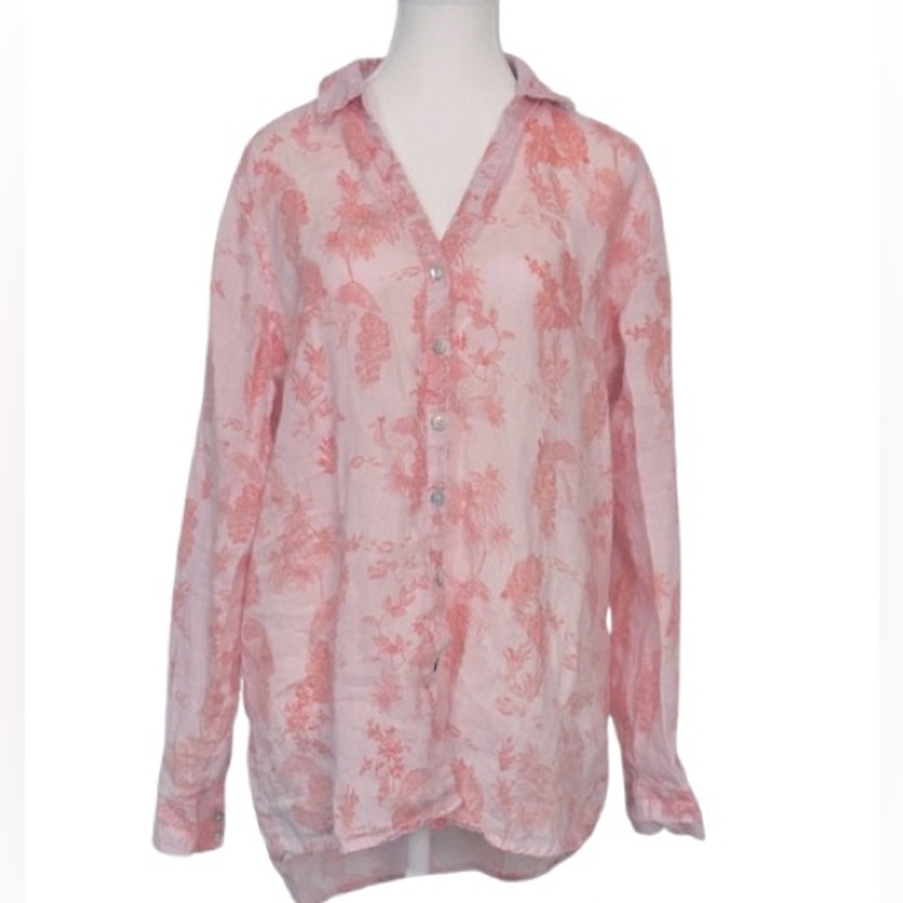 PEACOCKS!!! 100% Linen Pink Peach Button Shirt Top Blouse Large Birds Floral